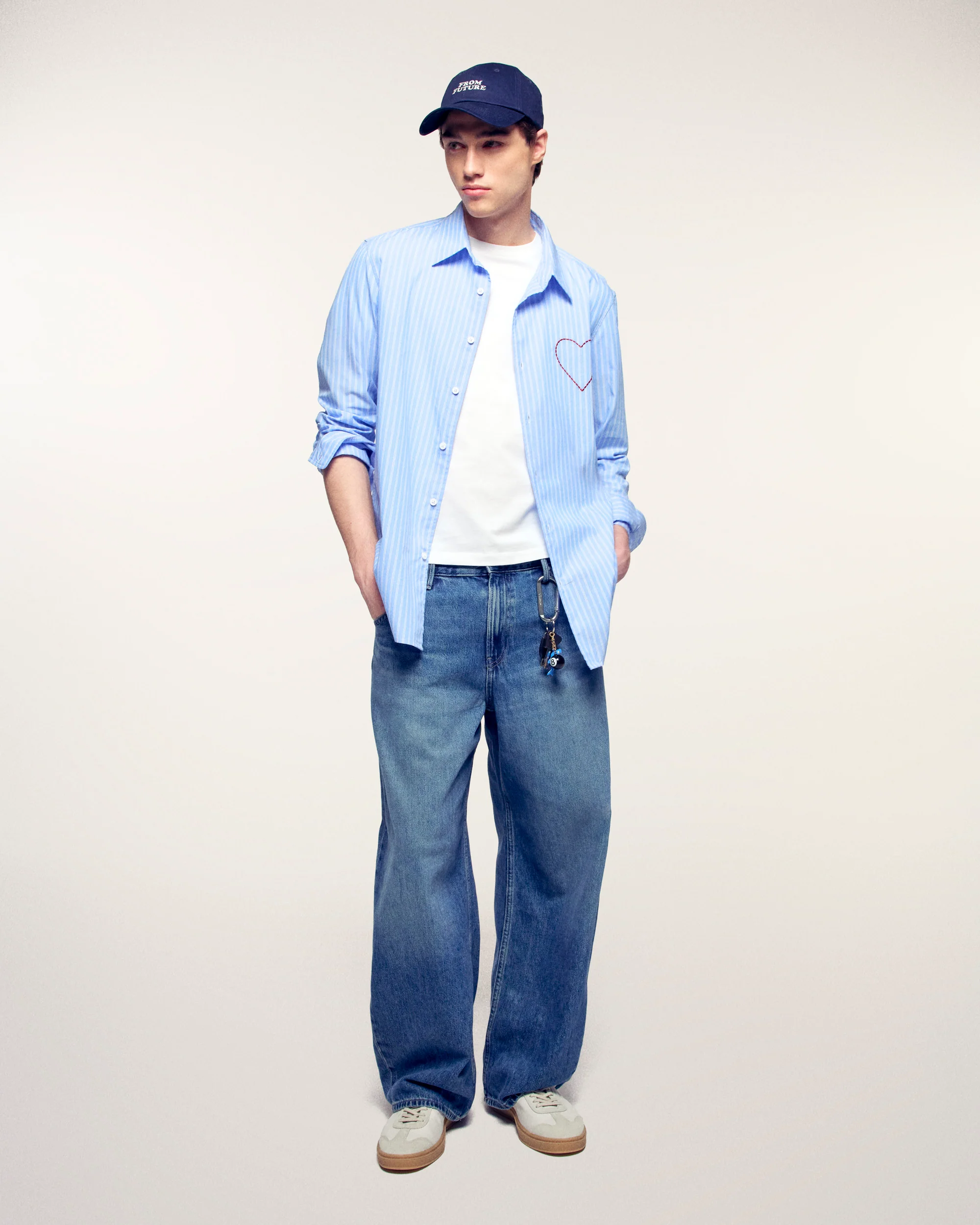 Embroidered Heart Long Sleeve Shirt (S26 / HOMME / Bleu Moyen Raye) - Image 3