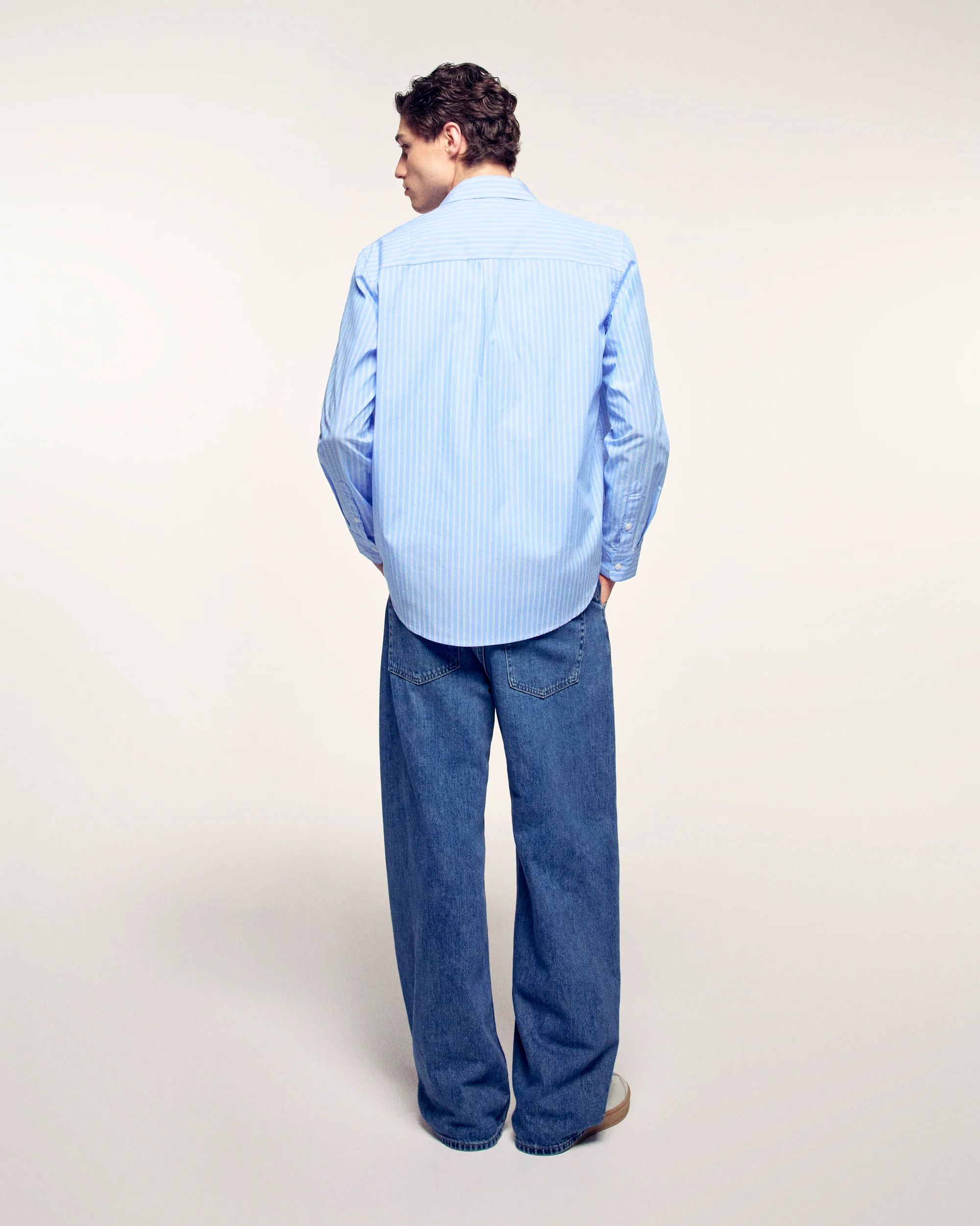Embroidered Heart Long Sleeve Shirt (S26 / HOMME / Bleu Moyen Raye) - Image 4