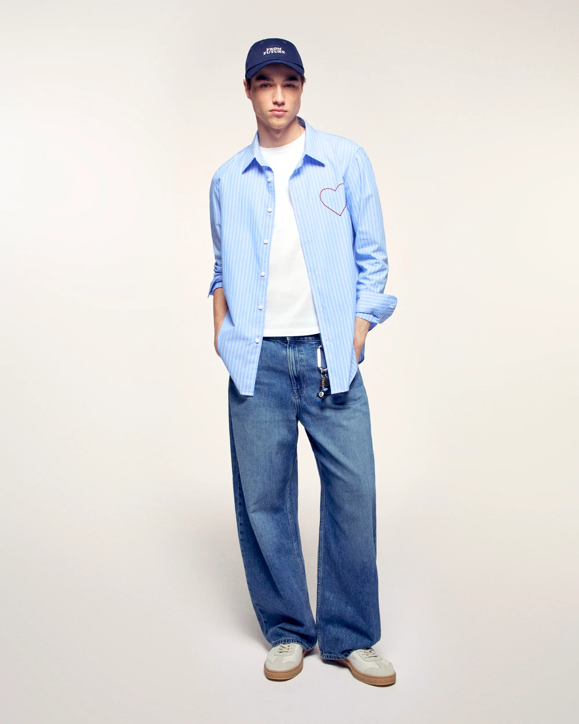 Embroidered Heart Long Sleeve Shirt (S26 / HOMME / Bleu Moyen Raye) - Image 5