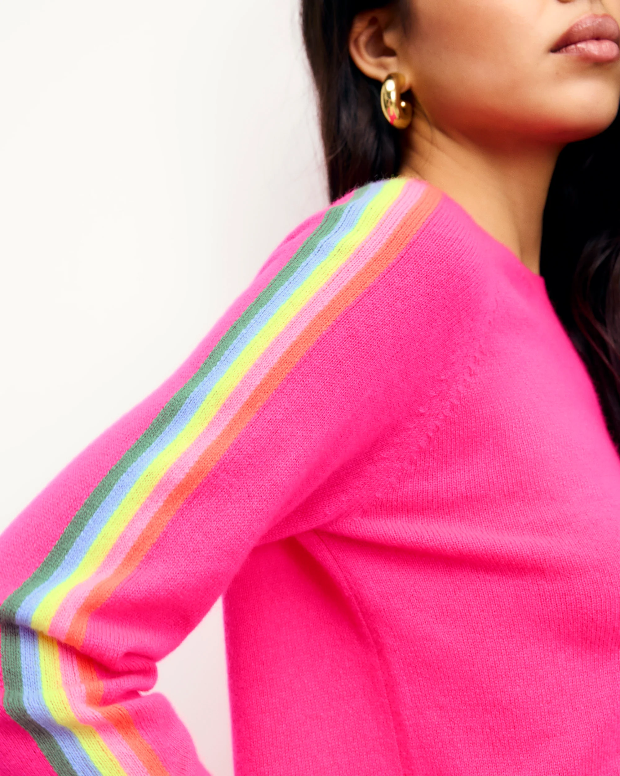 Crewneck Sweater with Multicolored Stripes on the Sleeves (S25 / WOMEN / Paradise Pink) - Image 3