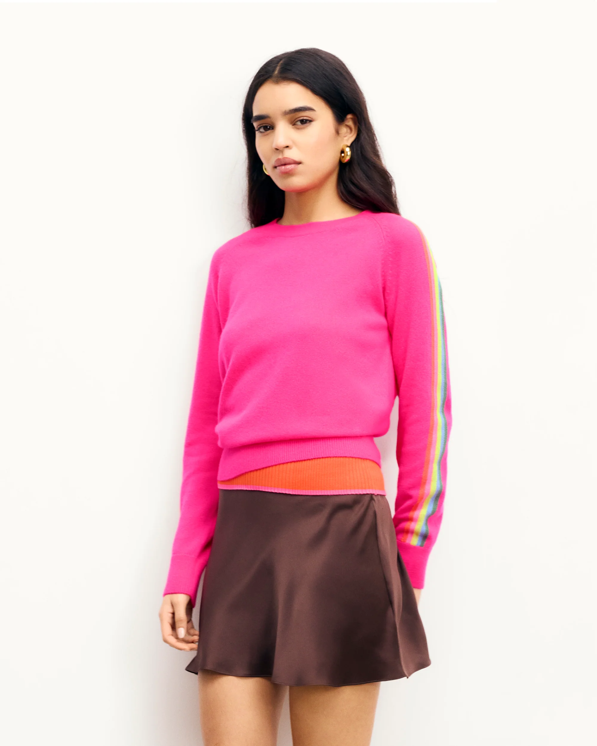 Crewneck Sweater with Multicolored Stripes on the Sleeves (S25 / WOMEN / Paradise Pink) - Image 5