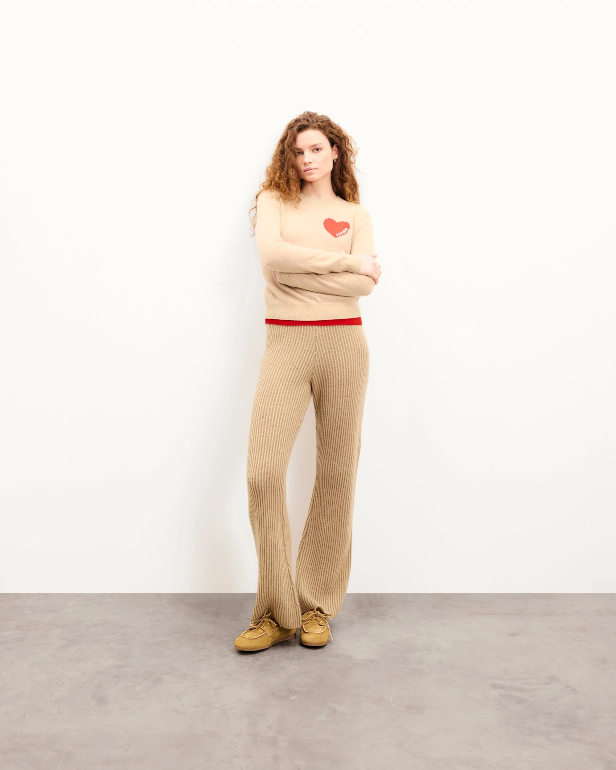 Crewneck Sweater with Future Heart Embroidery (S25 / WOMEN / Heather Beige) - Image 3