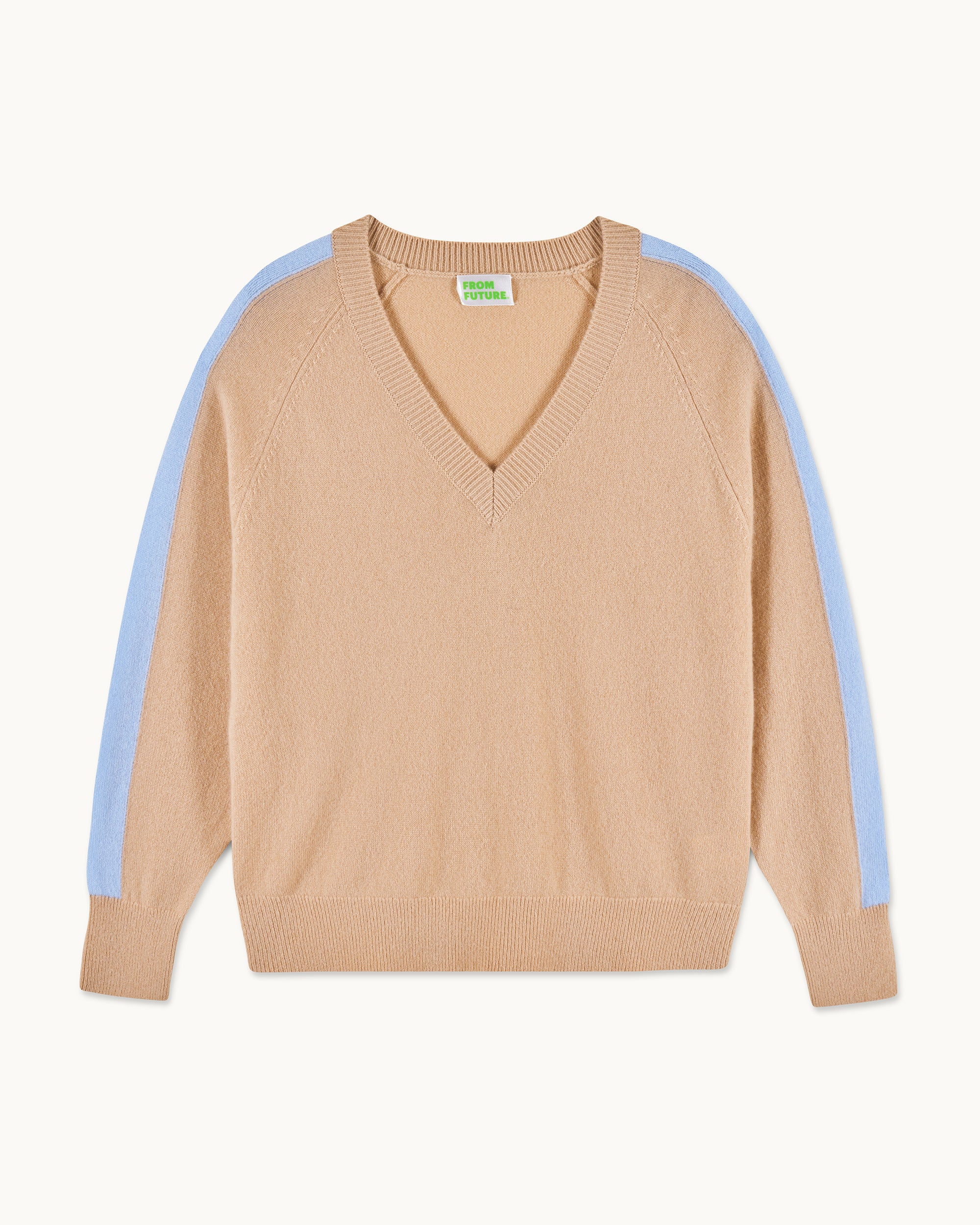 V-Neck Oversized Sweater with Striped Sleeves (S25 / WOMEN / Tropical Camel) - Image 5